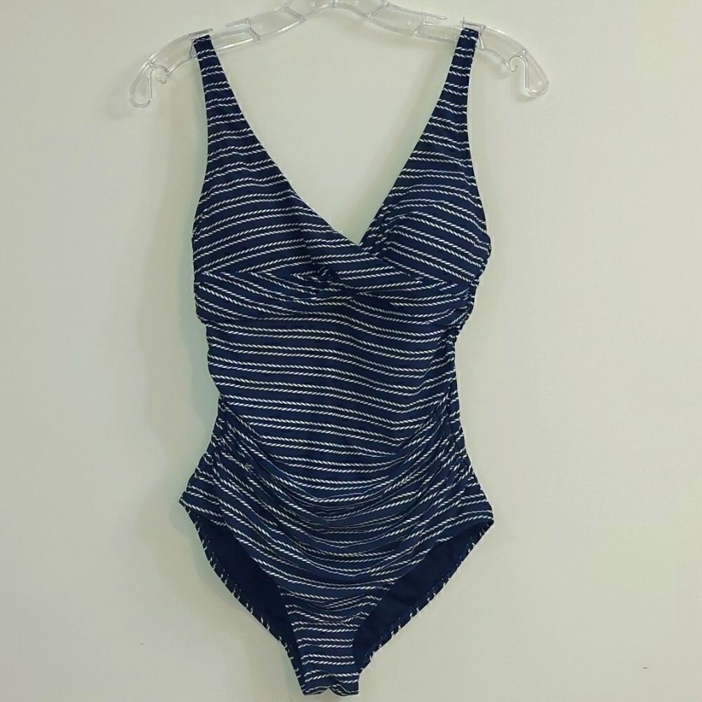 Bond-eye NipTuck Navy Blue Nautical Rope Stripe Side Ruched One-Piece Swimsuit 6